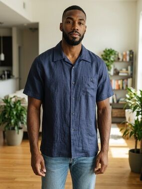 Luccessa Uomo by Phita~Men's Natural Linen Button Short Sleeve Shirt Large